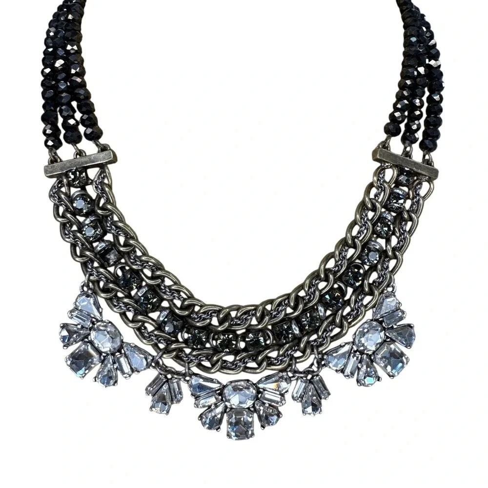 LOFT‎ Statement Necklace Black Silver Multi Strand Rhinestone Crystal Bib